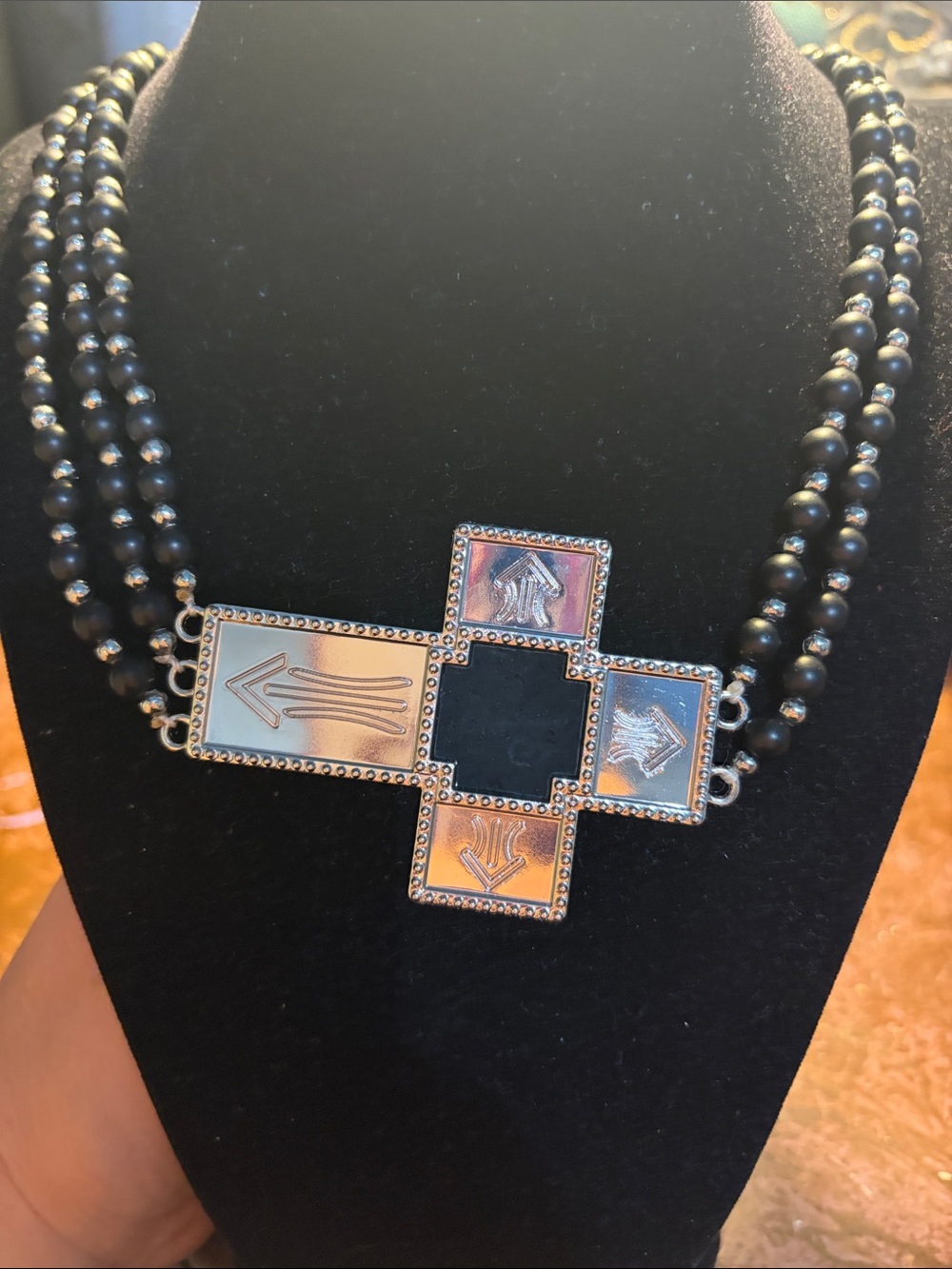 Pink Zebra Black Beaded Triple-Strand Necklace with Cross Focal